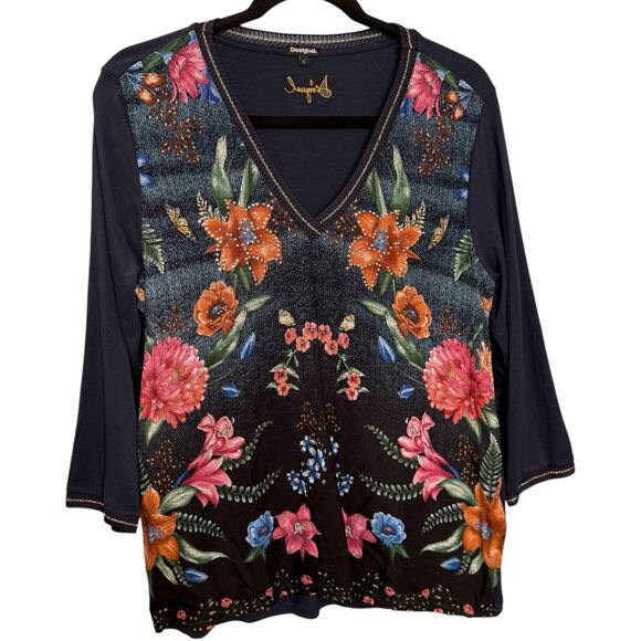 Desigual Size L Embellished Floral‎ V-Neck Blouse Maximalist Dark Fairy Grunge - Picture 2 of 13